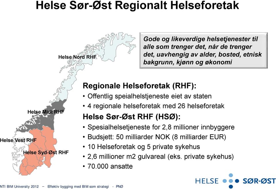 speialhelstjeneste eiet av staten 4 regionale helseforetak med 26 helseforetak Helse Sør-Øst RHF (HSØ): Spesialhelsetjeneste for 2,8 millioner