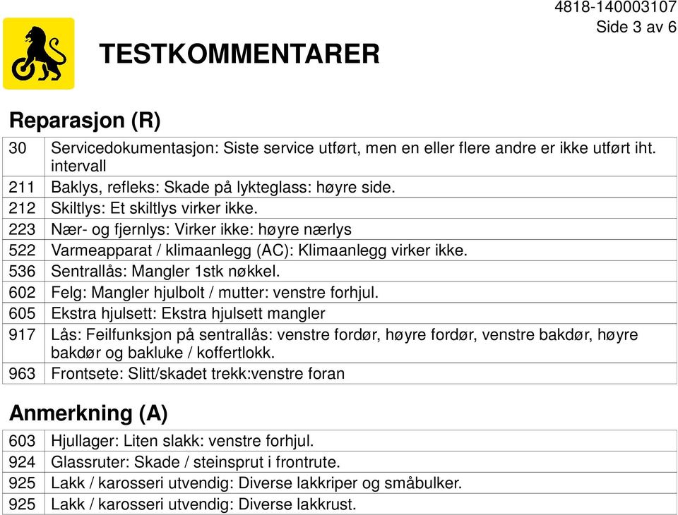 602 Felg: Mangler hjulbolt / mutter: venstre forhjul.