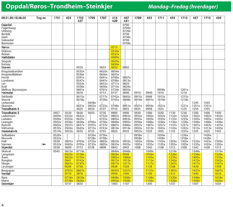 Kotsøy 0634x Støren 0533 0633 0652 0802 Krogstadsanden 0535x 0635x 0654x Krogstadløkken 0536x 0636x 0655x Hovin 0541x 0641x 0700x 0807x Lundamo 0547x 0647x 0706x 0813x Ler 0552x 0652x 0711x 0820 Kvål