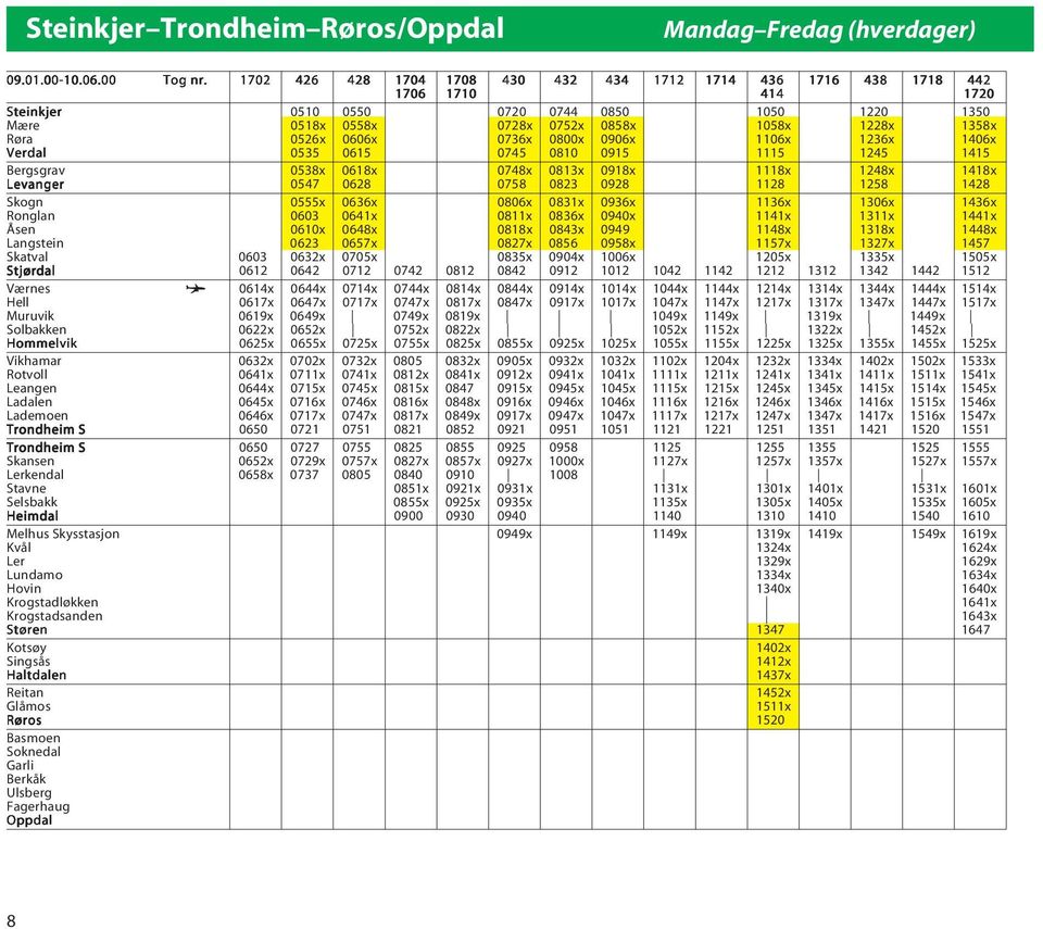 0606x 0736x 0800x 0906x 1106x 1236x 1406x Verdal 0535 0615 0745 0810 0915 1115 1245 1415 Bergsgrav 0538x 0618x 0748x 0813x 0918x 1118x 1248x 1418x Levanger 0547 0628 0758 0823 0928 1128 1258 1428