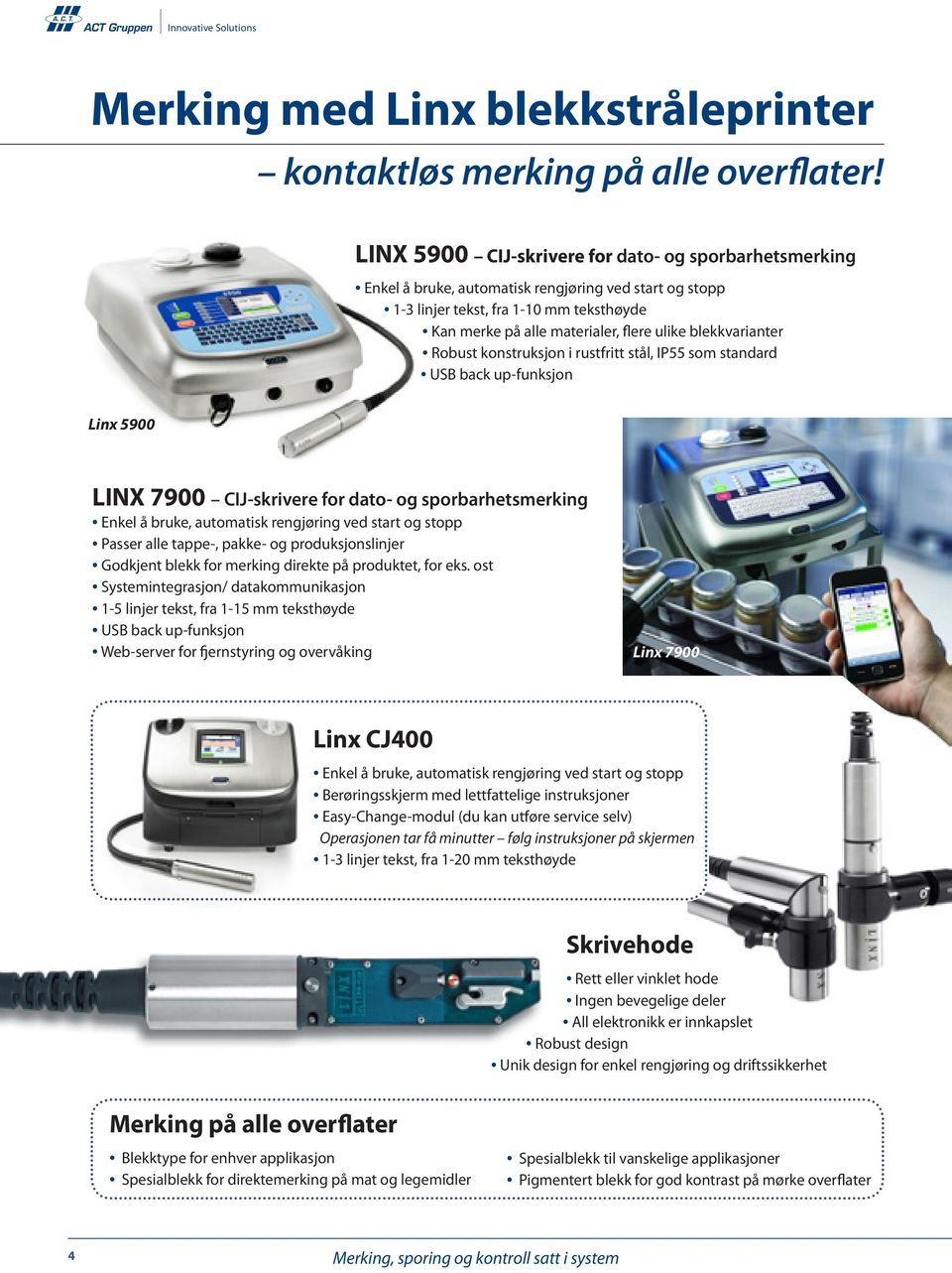 blekkvarianter Robust konstruksjon i rustfritt stål, IP55 som standard USB back up-funksjon Linx 5900 LINX 7900 CIJ-skrivere for dato- og sporbarhetsmerking Enkel å bruke, automatisk rengjøring ved