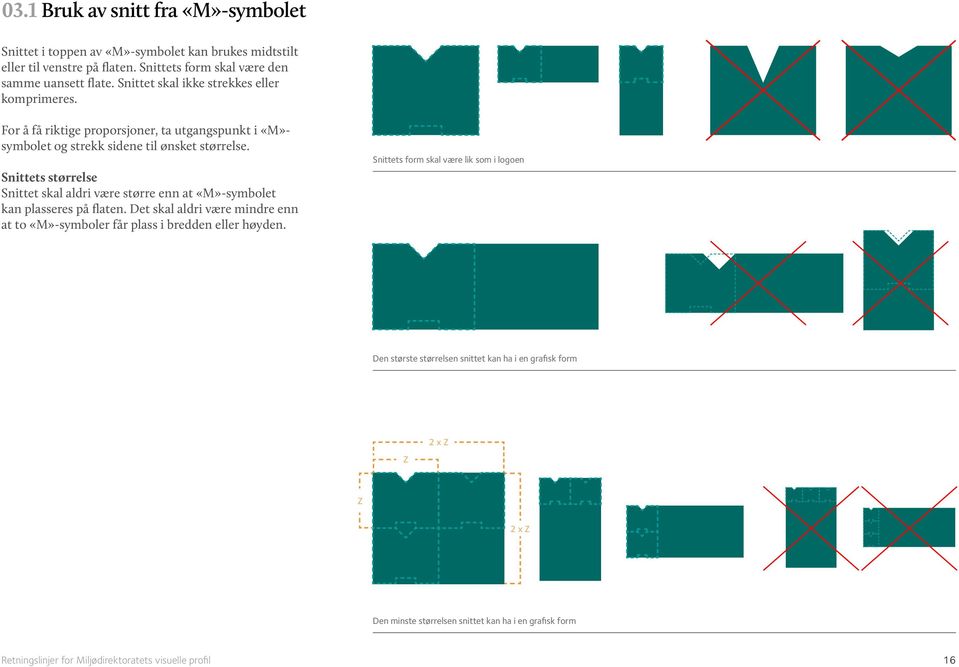 Snittets størrelse Snittet skal aldri være større enn at «M»-symbolet kan plasseres på flaten.