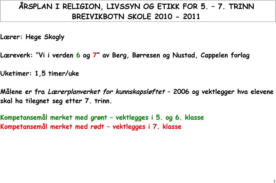 Nustad, Cappelen forlag Uketimer: 1,5 timer/uke Målene er fra Lærerplanverket for kunnskapsløftet 2006 og