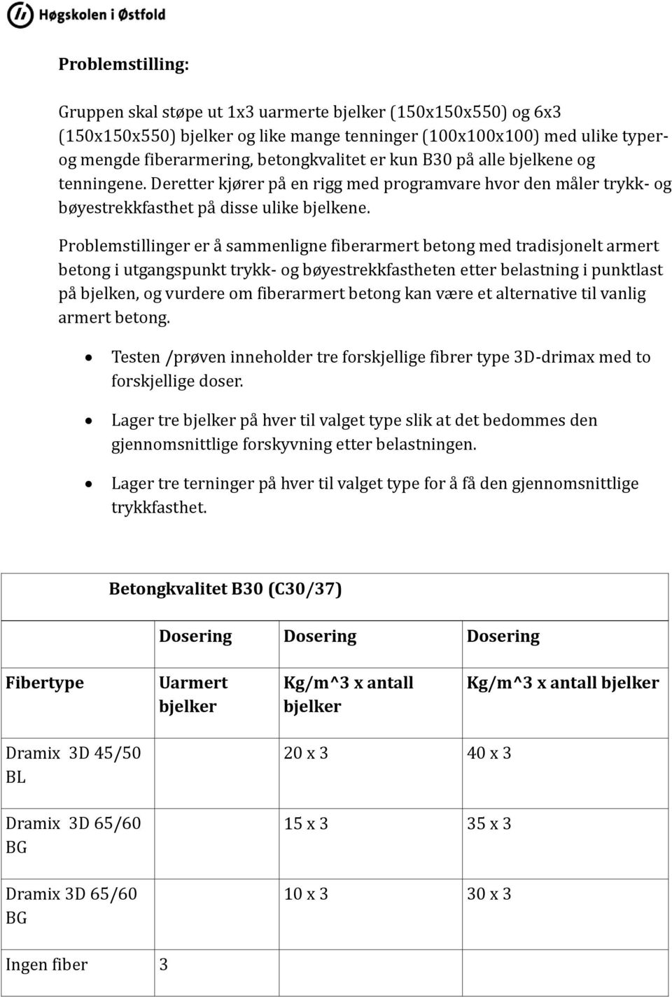 Problemstillinger er a sammenligne fiberarmert betong med tradisjonelt armert betong i utgangspunkt trykk- og bøyestrekkfastheten etter belastning i punktlast pa bjelken, og vurdere om fiberarmert