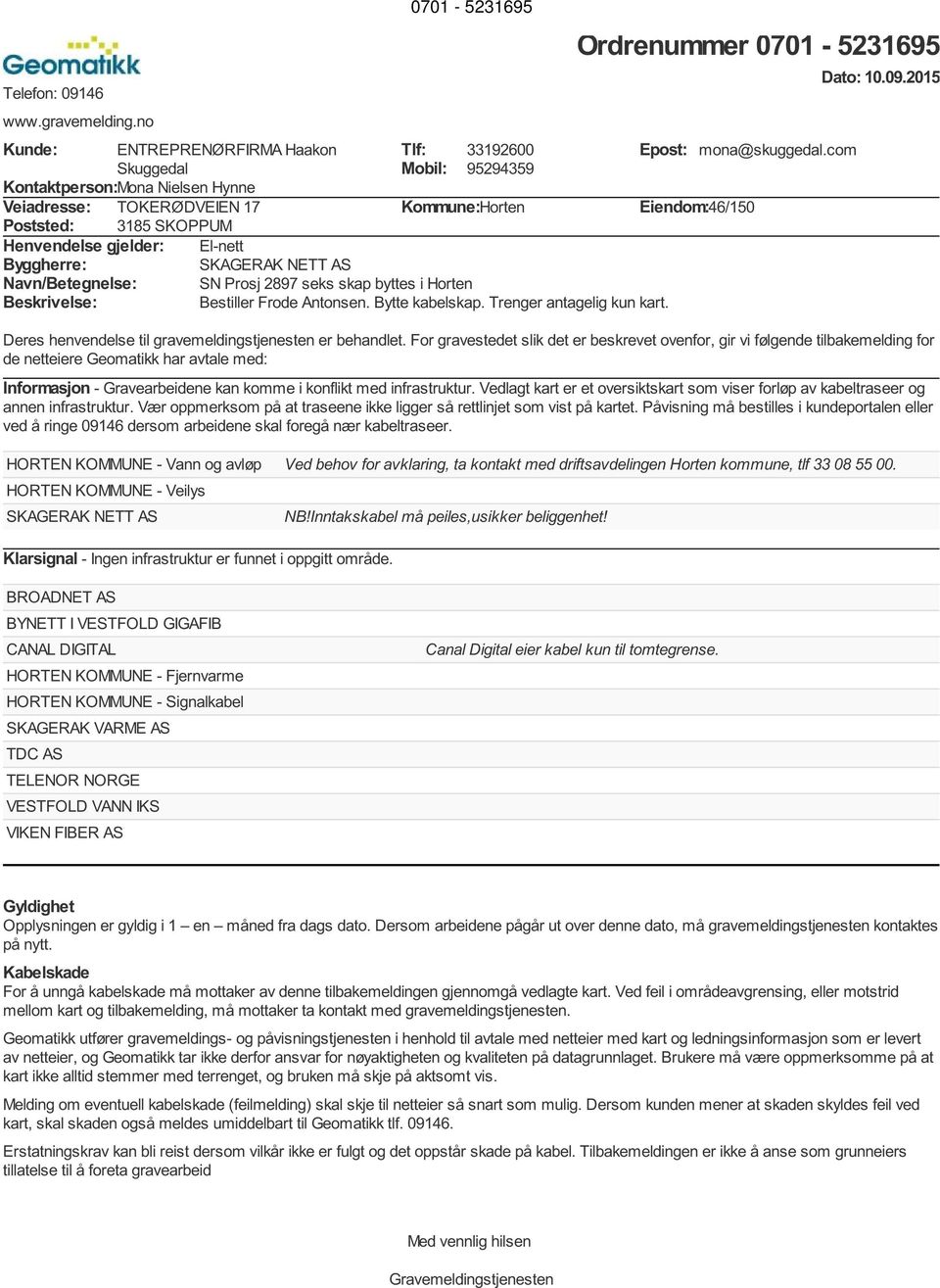 Navn/Betegnelse: Beskrivelse: Tlf: 33192600 Mobil: 95294359 Kommune:Horten SN Prosj 2897 seks skap byttes i Horten Bestiller Frode Antonsen. Bytte kabelskap. Trenger antagelig kun kart.