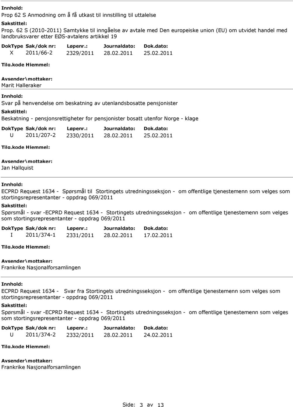 henvendelse om beskatning av utenlandsbosatte pensjonister Beskatning - pensjonsrettigheter for pensjonister bosatt utenfor Norge - klage 2011/207-2 2330/2011 Jan Hallquist ECPRD Request 1634 -