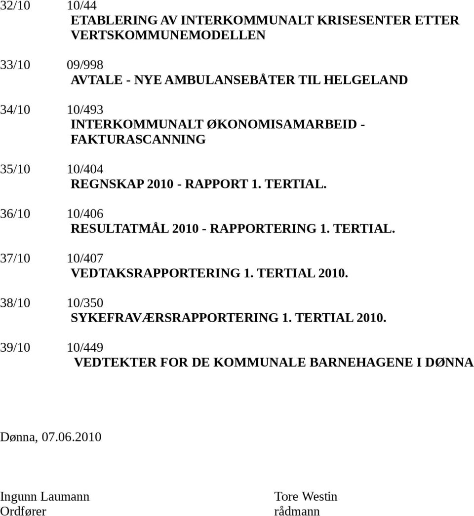 36/10 10/406 RESULTATMÅL 2010 - RAPPORTERING 1. TERTIAL. 37/10 10/407 VEDTAKSRAPPORTERING 1. TERTIAL 2010.