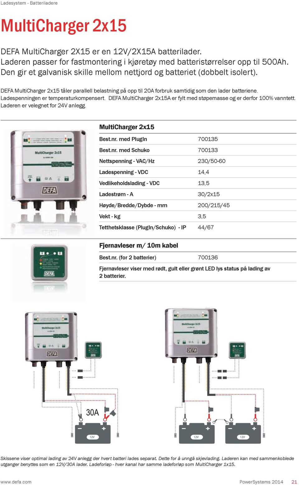 Ladespenningen er temperaturkompensert. DEFA MultiCharger 2x15A er fylt med støpemasse og er derfor 100% vanntett. Laderen er velegnet for 24V anlegg. MultiCharger 2x15 Best.nr.