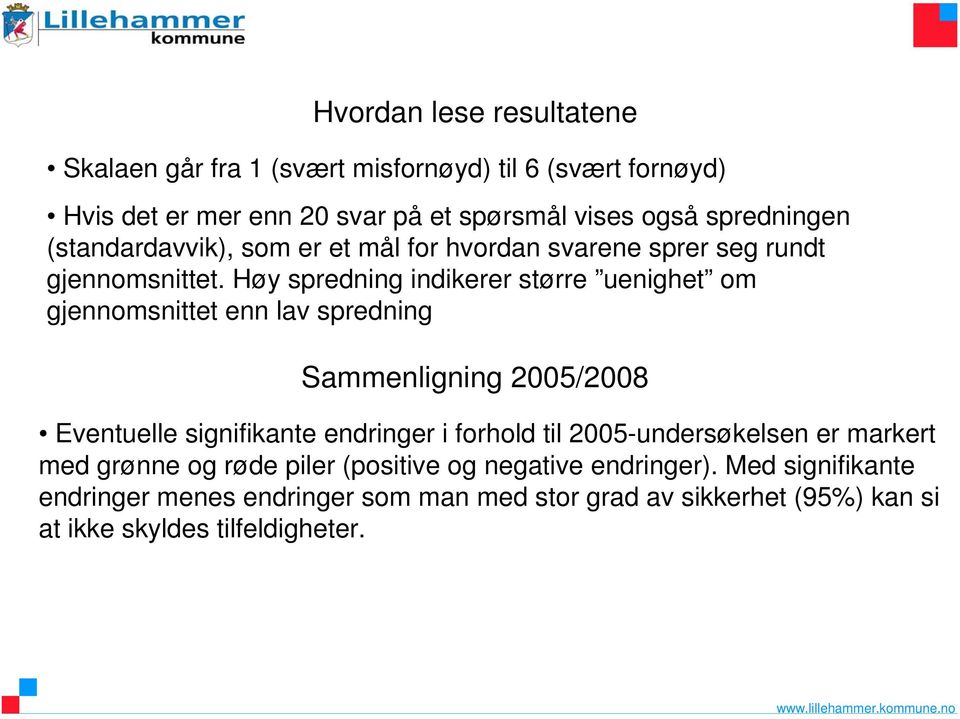 Høy spredning indikerer større uenighet om gjennomsnittet enn lav spredning Sammenligning 5/8 Eventuelle signifikante endringer i forhold til