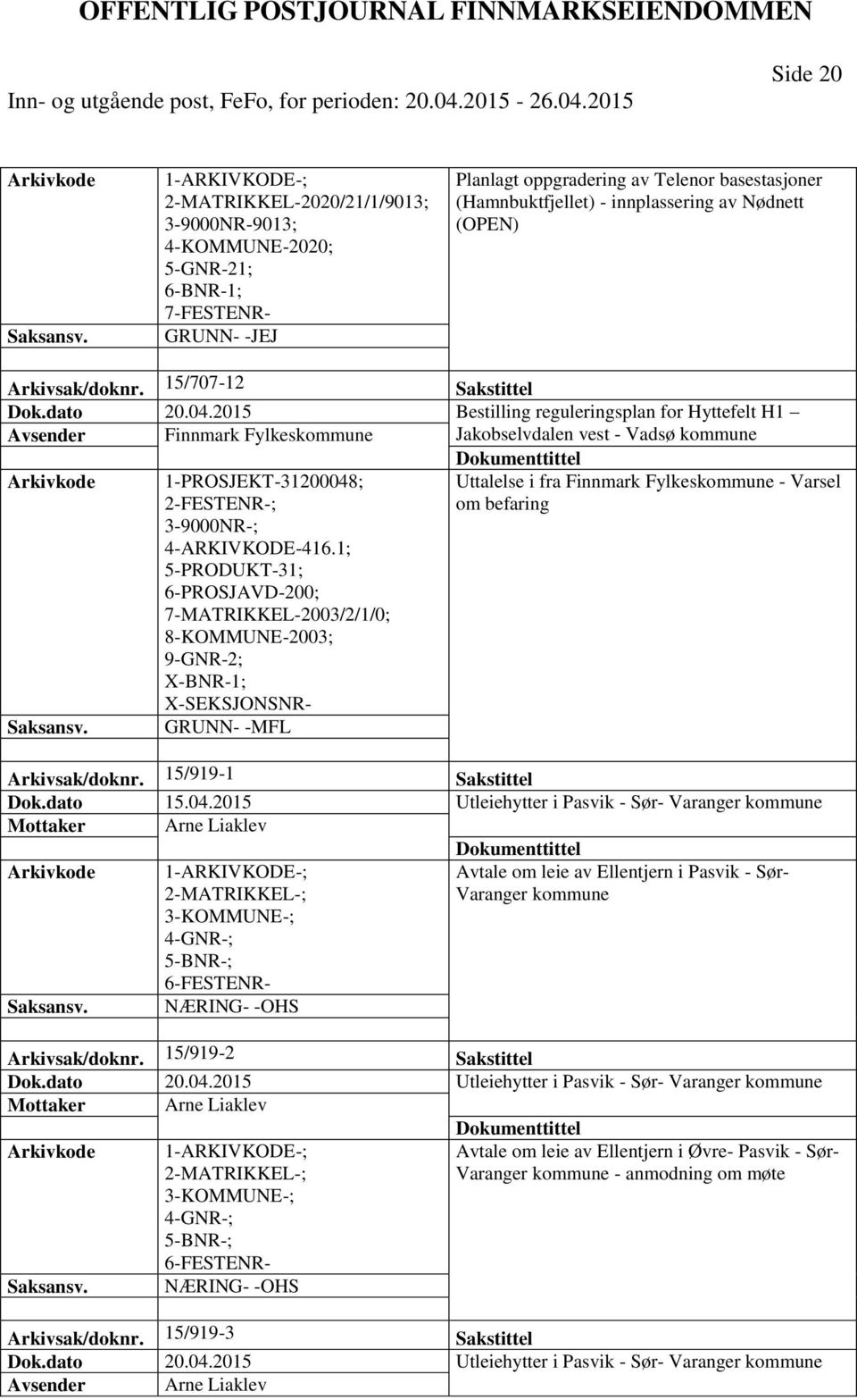 2015 Bestilling reguleringsplan for Hyttefelt H1 Avsender Finnmark Fylkeskommune Jakobselvdalen vest - Vadsø kommune 1-PROSJEKT-31200048; 2-FESTENR-; Uttalelse i fra Finnmark Fylkeskommune - Varsel