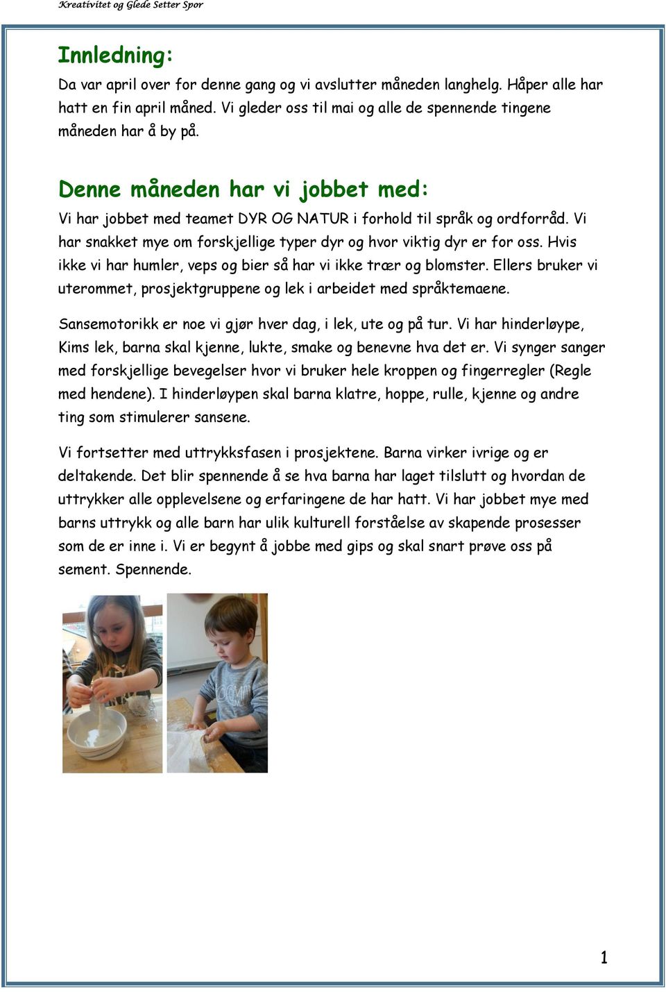 Hvis ikke vi har humler, veps og bier så har vi ikke trær og blomster. Ellers bruker vi uterommet, prosjektgruppene og lek i arbeidet med språktemaene.