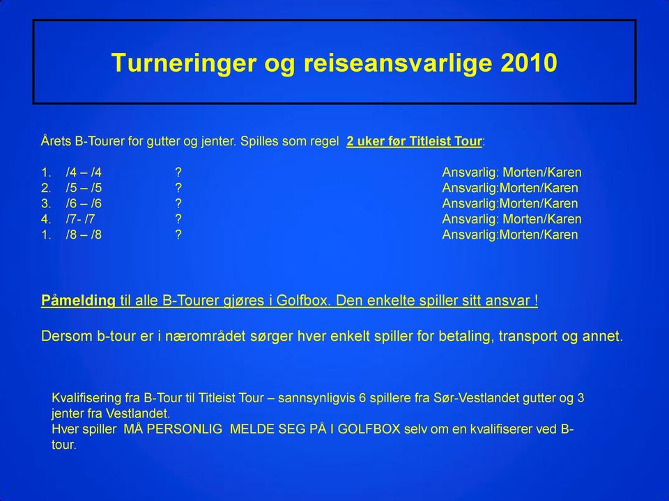 Ansvarlig:Morten/Karen Påmelding til alle B-Tourer gjøres i Golfbox. Den enkelte spiller sitt ansvar!