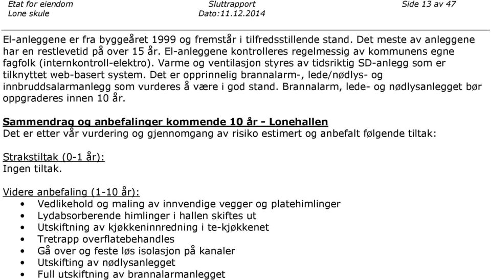 Varme og ventilasjon styres av tidsriktig SD-anlegg som er tilknyttet web-basert system. Det er opprinnelig brannalarm-, lede/nødlys- og innbruddsalarmanlegg som vurderes å være i god stand.