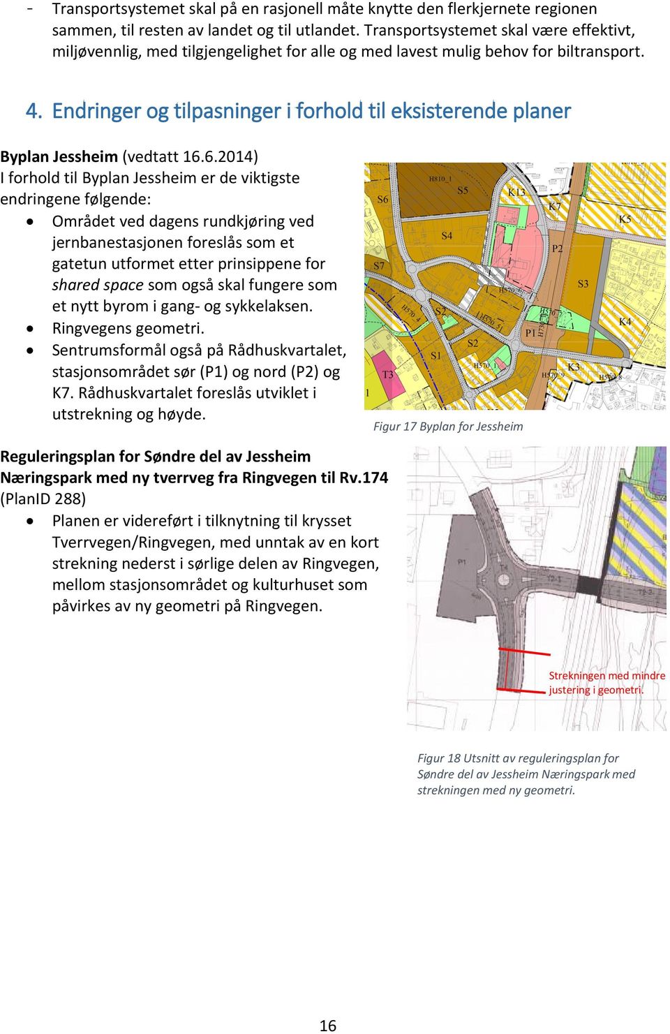 Endringer og tilpasninger i forhold til eksisterende planer Byplan Jessheim (vedtatt 16.