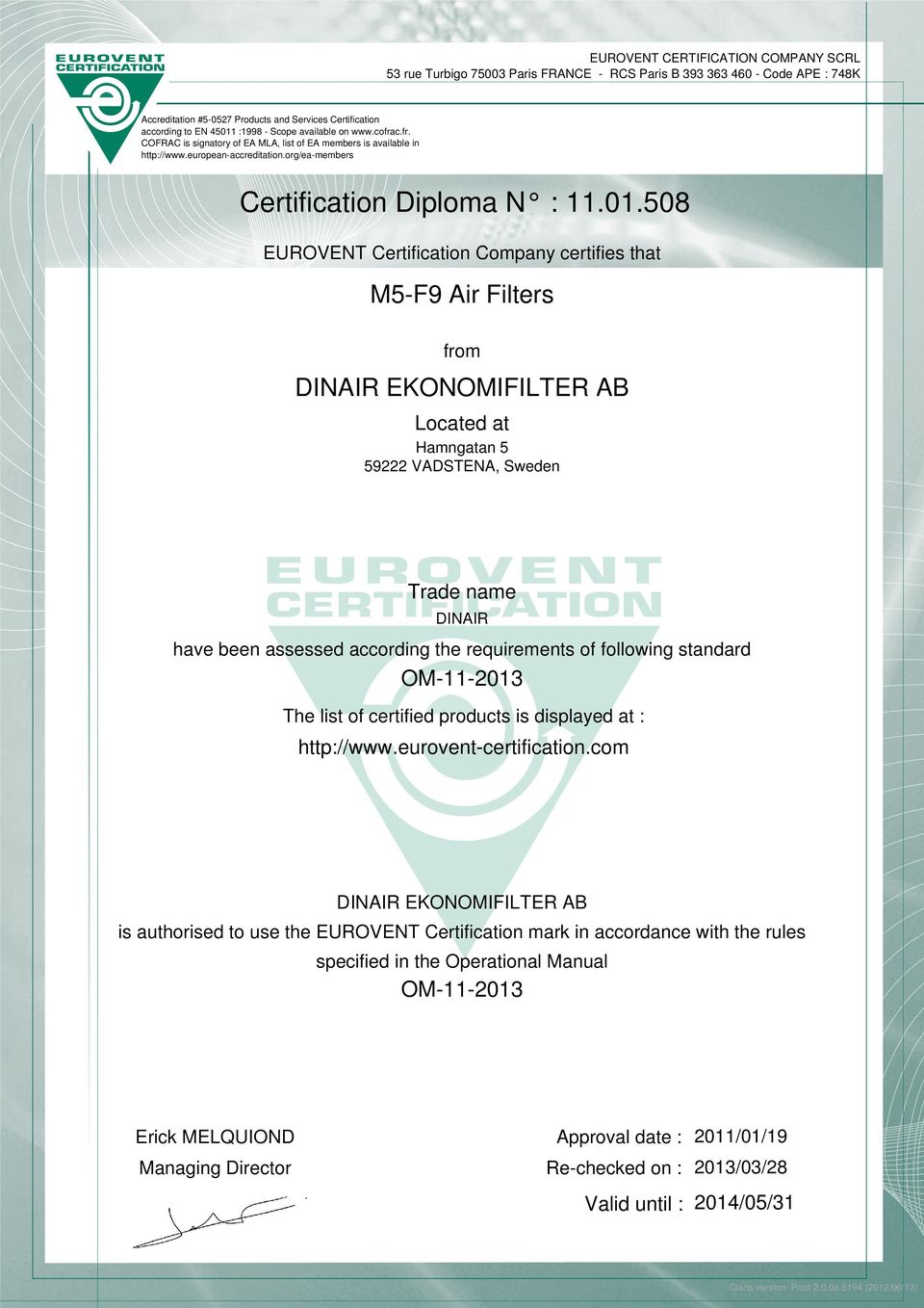 508 EUROVENT Certification Company certifies that M5-F9 Air Filters from DINAIR EKONOMIFILTER AB Located at Hamngatan 5 59222 VADSTENA, Sweden Trade name DINAIR have been assessed according the
