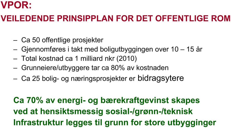 80% av kostnaden Ca 25 bolig- og næringsprosjekter er bidragsytere Ca 70% av energi- og