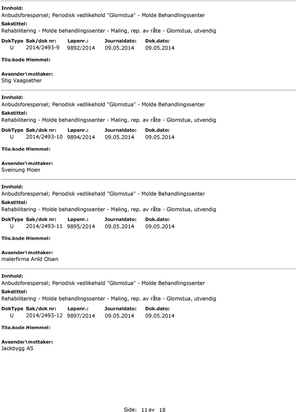 Anbudsforespørsel; Periodisk vedlikehald "Glomstua" - Molde Behandlingssenter 2014/2493-11 9895/2014 malerfirma Arild
