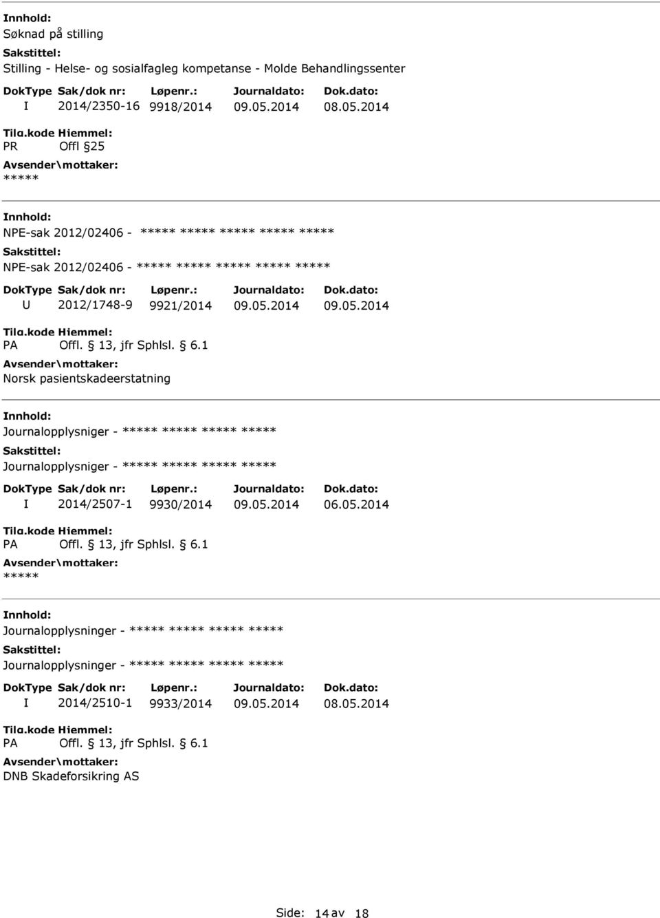 pasientskadeerstatning Journalopplysniger - Journalopplysniger - 2014/2507-1 9930/2014 06.05.