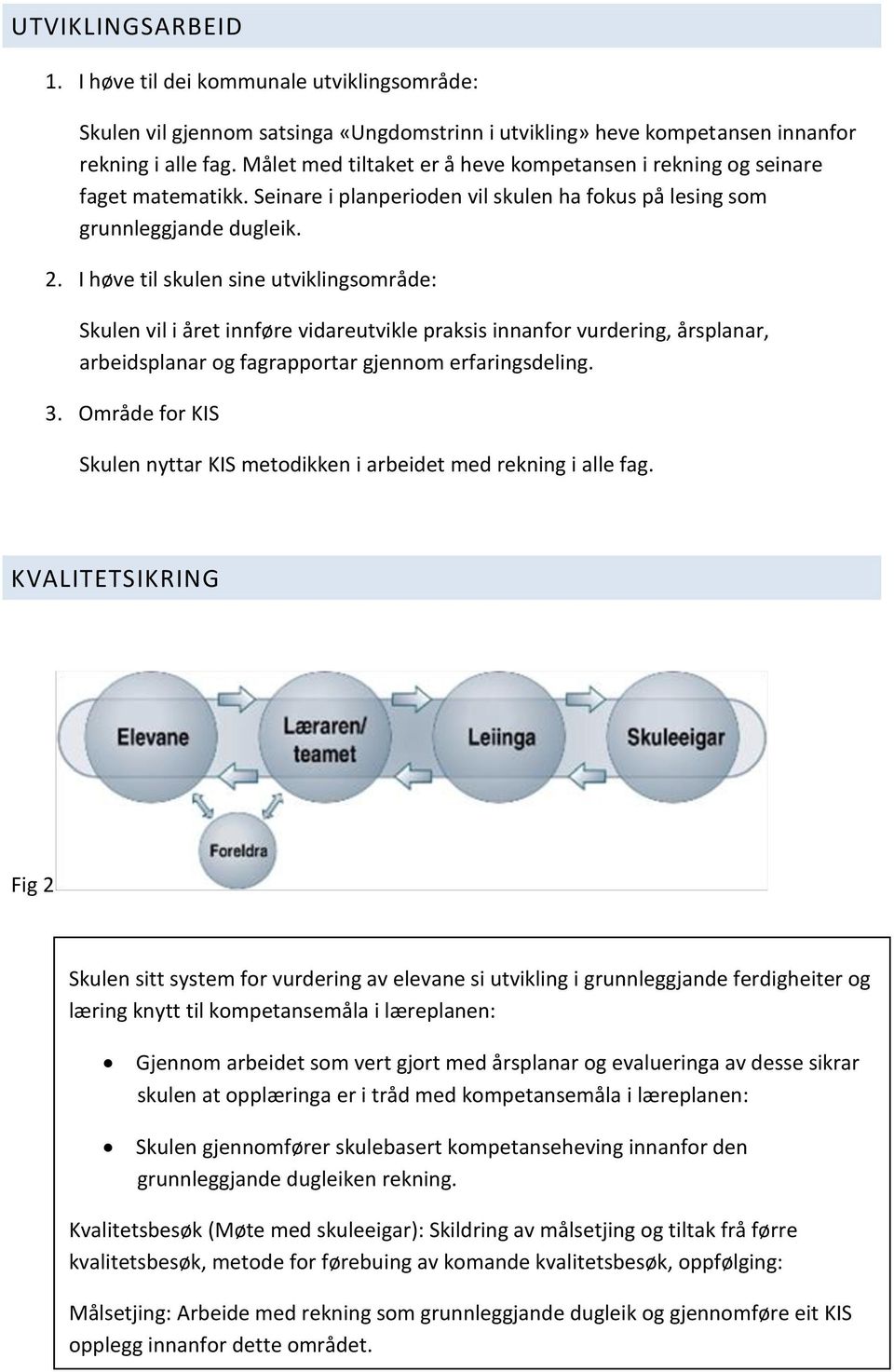 I høve til skulen sine utviklingsområde: Skulen vil i året innføre vidareutvikle praksis innanfor vurdering, årsplanar, arbeidsplanar og fagrapportar gjennom erfaringsdeling. 3.