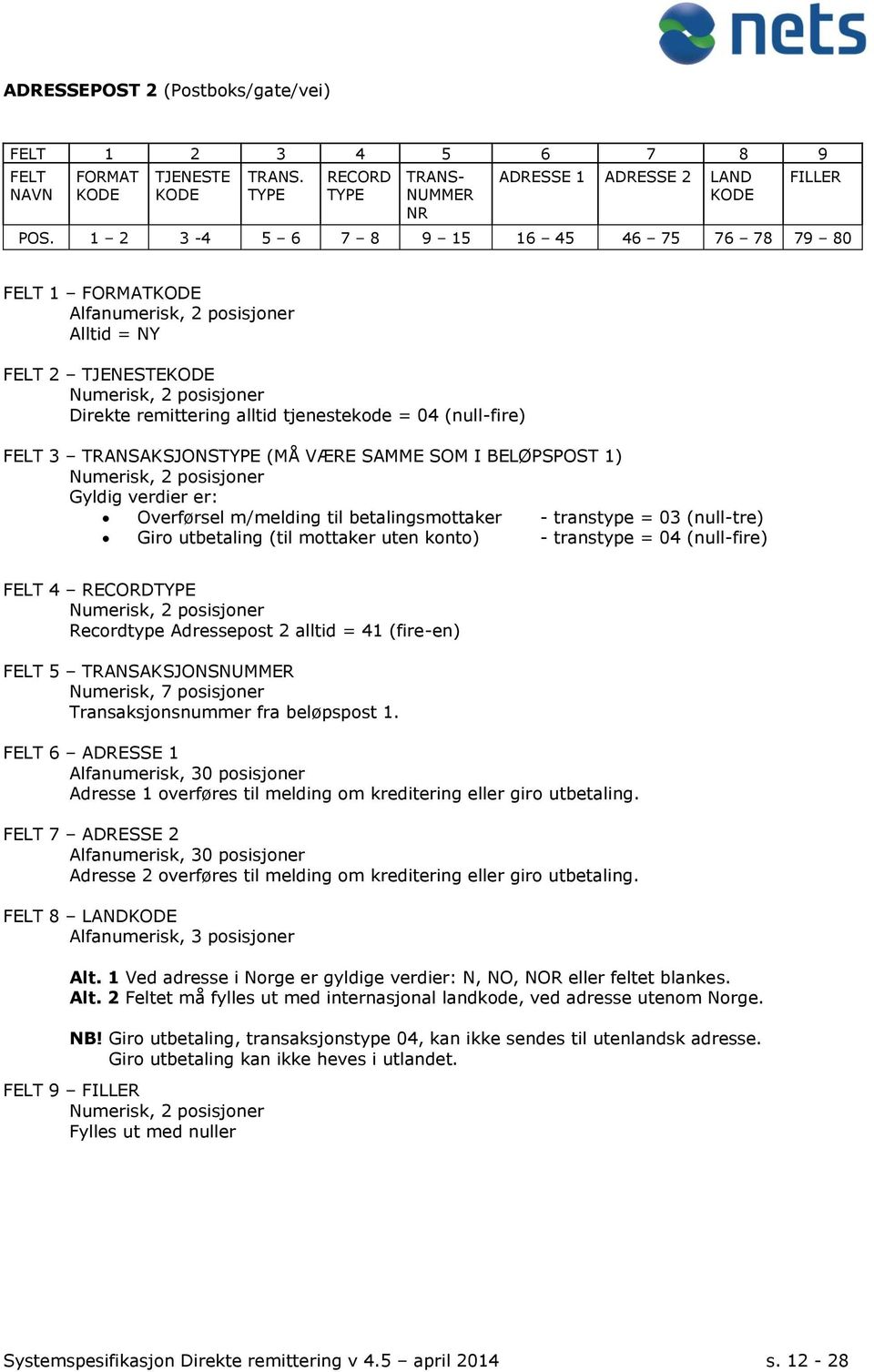 m/melding til betalingsmottaker - transtype = 03 (null-tre) Giro utbetaling (til mottaker uten konto) - transtype = 04 (null-fire) Recordtype Adressepost 2 alltid = 41 (fire-en) FELT 5