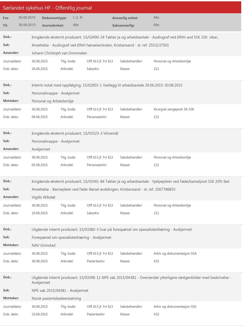 2015 Personalmappe - Kirurgisk sengepost 3A SSK Dok. dato: 09.06.