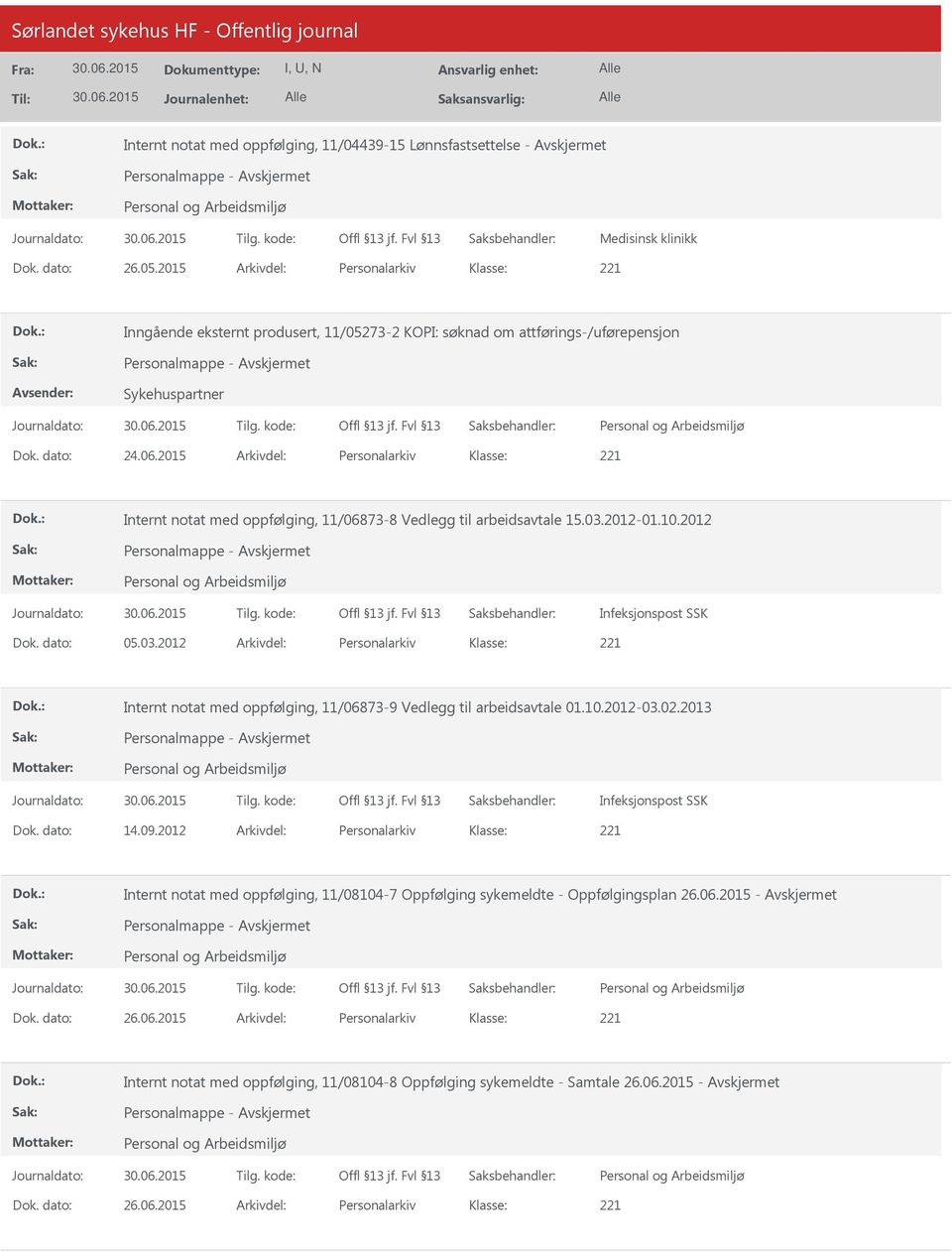 2015 Arkivdel: Personalarkiv Internt notat med oppfølging, 11/06873-8 Vedlegg til arbeidsavtale 15.03.