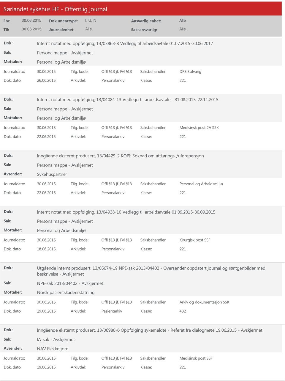 2015 Arkivdel: Personalarkiv Inngående eksternt produsert, 13/04429-2 KOPI: Søknad om attførings-/uførepensjon Personalmappe - Sykehuspartner Dok. dato: 22.06.