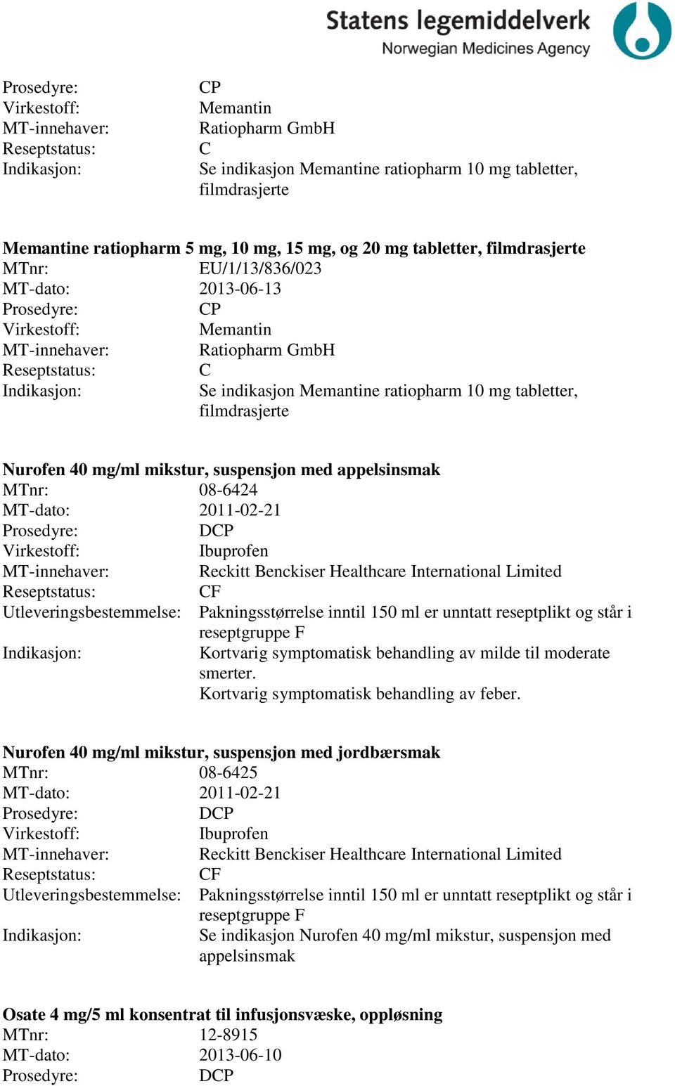 Reckitt Benckiser Healthcare International Limited F Utleveringsbestemmelse: Pakningsstørrelse inntil 150 ml er unntatt reseptplikt og står i reseptgruppe F Kortvarig symptomatisk behandling av milde