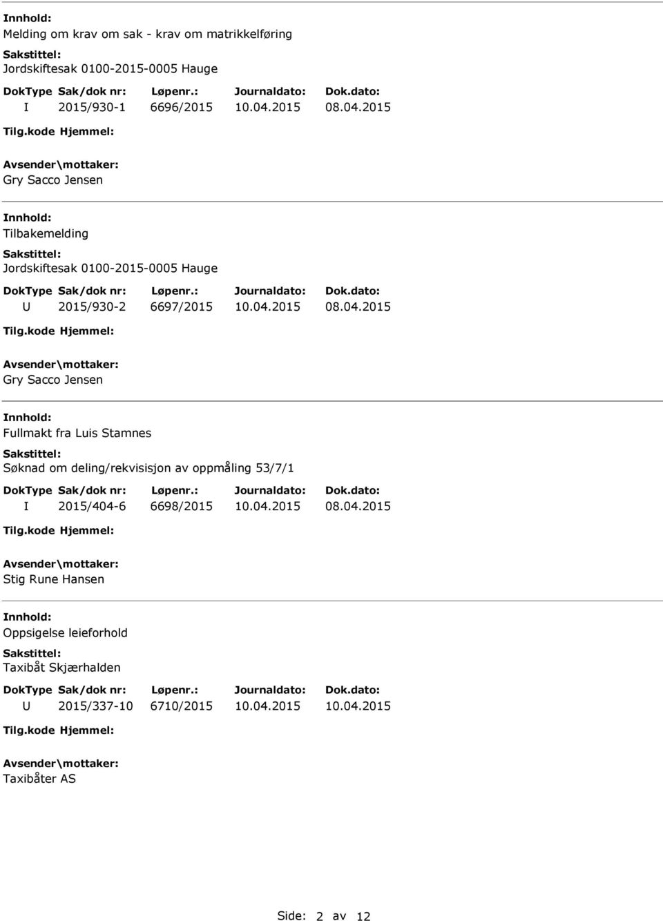 Sacco Jensen Fullmakt fra Luis Stamnes Søknad om deling/rekvisisjon av oppmåling 53/7/1 2015/404-6