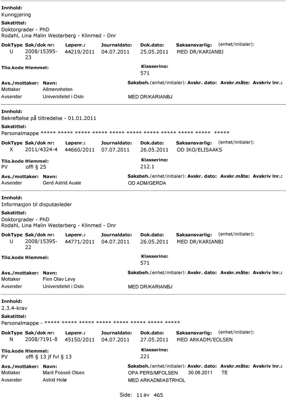 01.2011 Personalmappe ***** ***** ***** ***** ***** ***** ***** ***** ***** ***** ***** X 2011/4324-4 44660/2011 26.05.2011 OD KO/ELSAAKS 212.1 Avs./mottaker: Navn: Saksbeh. Avskr. dato: Avskr.