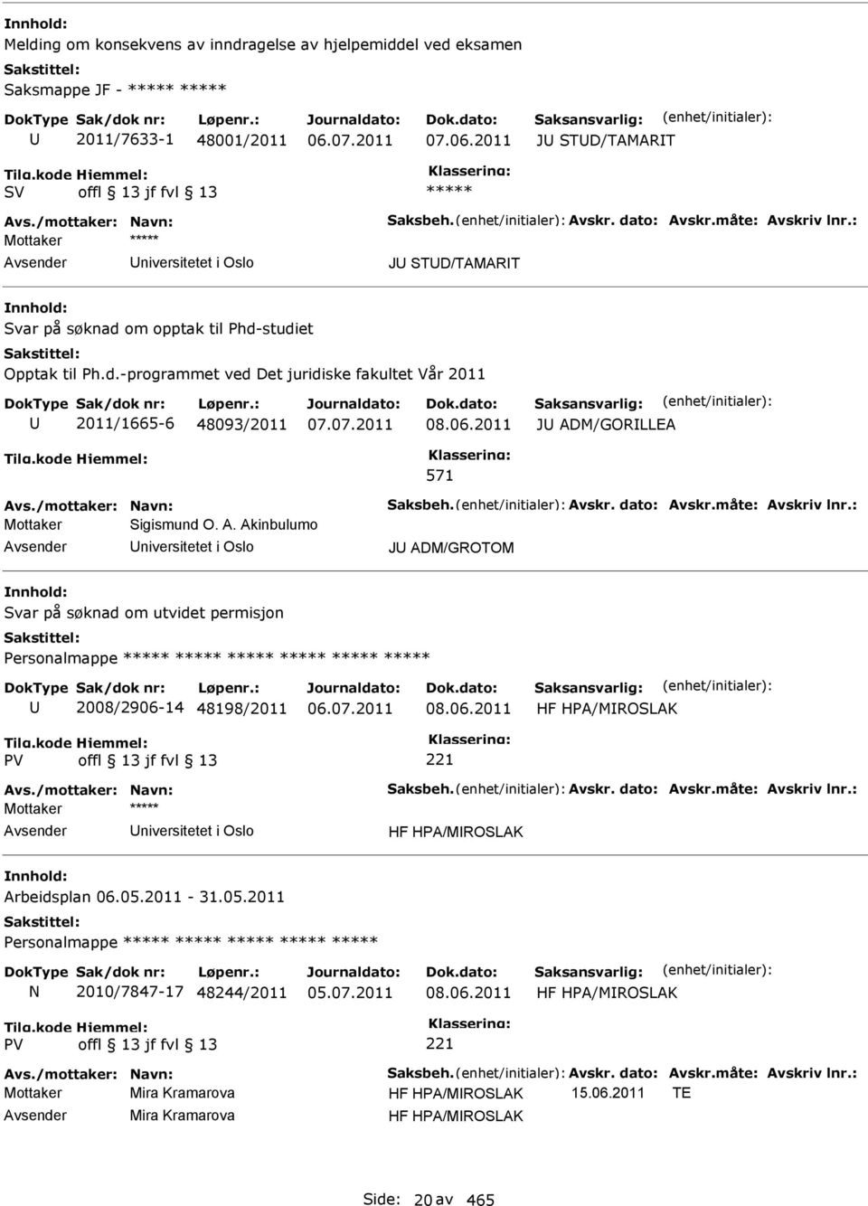 2011 J ADM/GORLLEA 571 Avs./mottaker: Navn: Saksbeh. Avskr. dato: Avskr.måte: Avskriv lnr.: Mottaker Sigismund O. A. Akinbulumo niversitetet i Oslo J ADM/GROTOM Svar på søknad om utvidet permisjon Personalmappe ***** ***** ***** ***** ***** ***** 2008/2906-14 48198/2011 08.