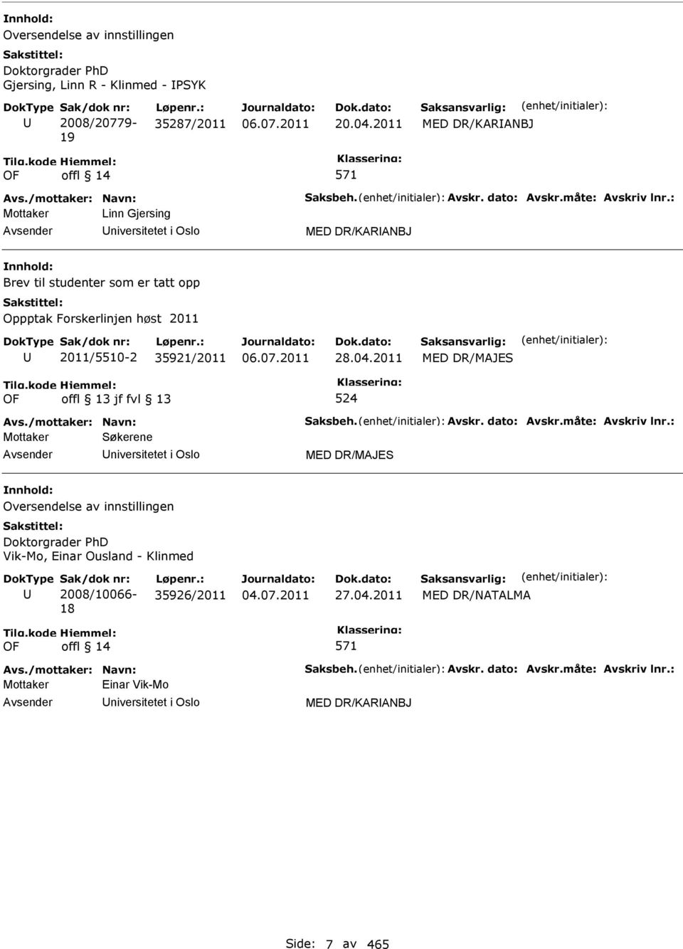 2011 MED DR/MAJES OF 524 Avs./mottaker: Navn: Saksbeh. Avskr. dato: Avskr.måte: Avskriv lnr.