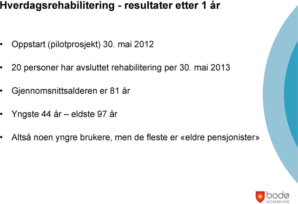 mai 2012 20 personer har avsluttet rehabilitering per 30.