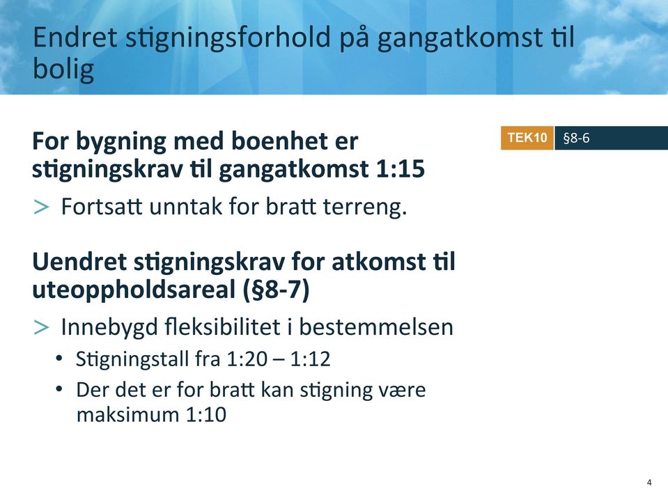 Uendret sogningskrav for atkomst Ol uteoppholdsareal ( 8-7) > Innebygd