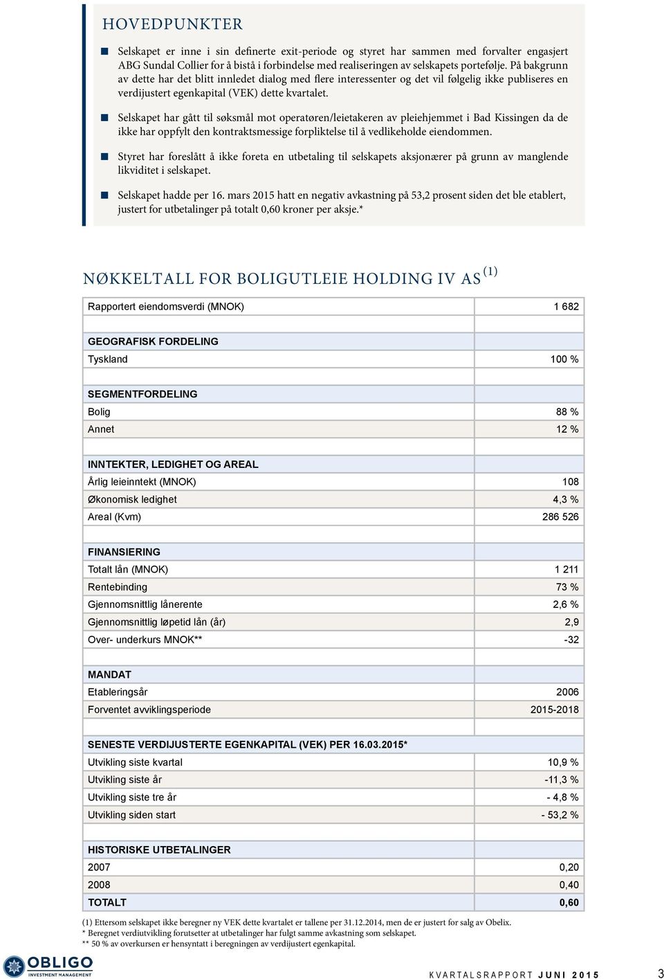 Selskapet har gått til søksmål mot operatøren/leietakeren av pleiehjemmet i Bad Kissingen da de ikke har oppfylt den kontraktsmessige forpliktelse til å vedlikeholde eiendommen.