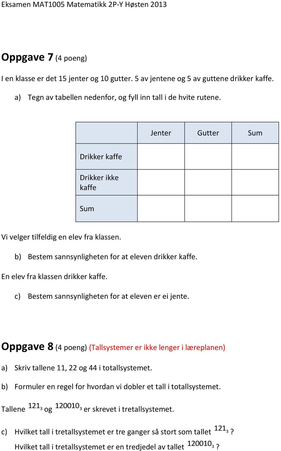 c) Bestem sannsynligheten for at eleven er ei jente. Oppgave 8 (4 poeng) (Tallsystemer er ikke lenger i læreplanen) a) Skriv tallene 11, 22 og 44 i totallsystemet.