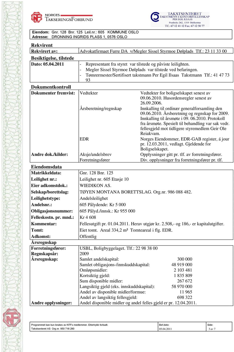 - Tømrermester/Sertifisert takstmann Per Egil Ilsaas Takstmann Tlf.: 41 47 73 93 Dokumentkontroll Dokumenter fremvist: Vedtekter Vedtekter for boligselskapet senest av 09.06.2010.