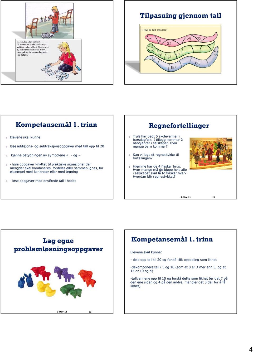 kjenne betydningen av symbolene +, - og = - løse oppgaver knyttet til praktiske situasjoner der mengder skal kombineres, fordeles eller sammenlignes, for eksempel med konkreter eller med tegning -