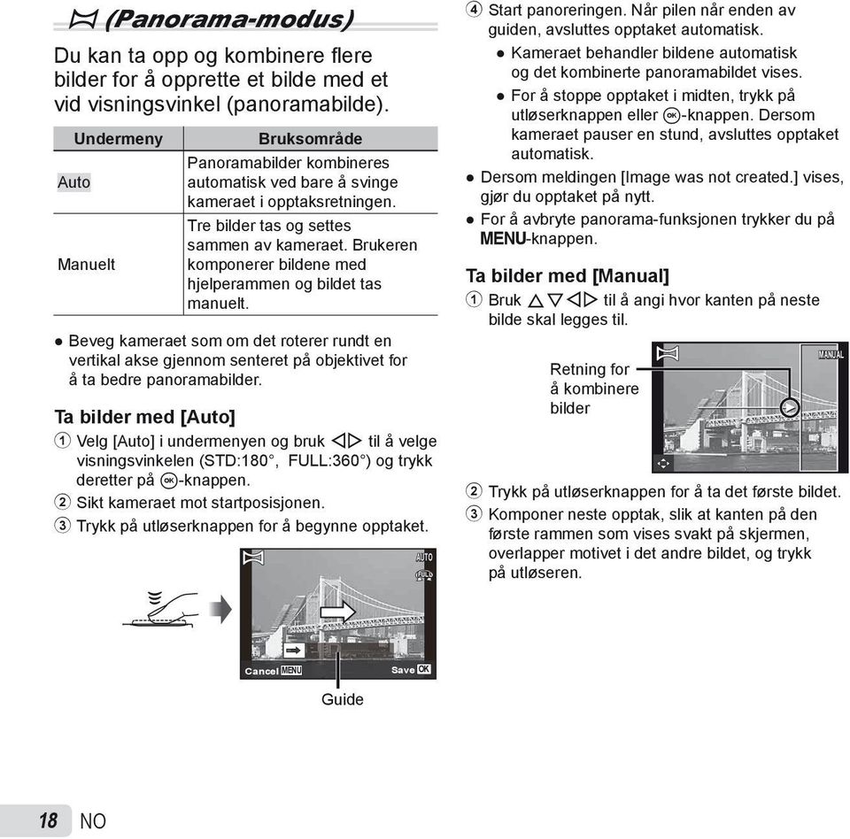Brukeren komponerer bildene med hjelperammen og bildet tas manuelt. Beveg kameraet som om det roterer rundt en vertikal akse gjennom senteret på objektivet for å ta bedre panoramabilder.