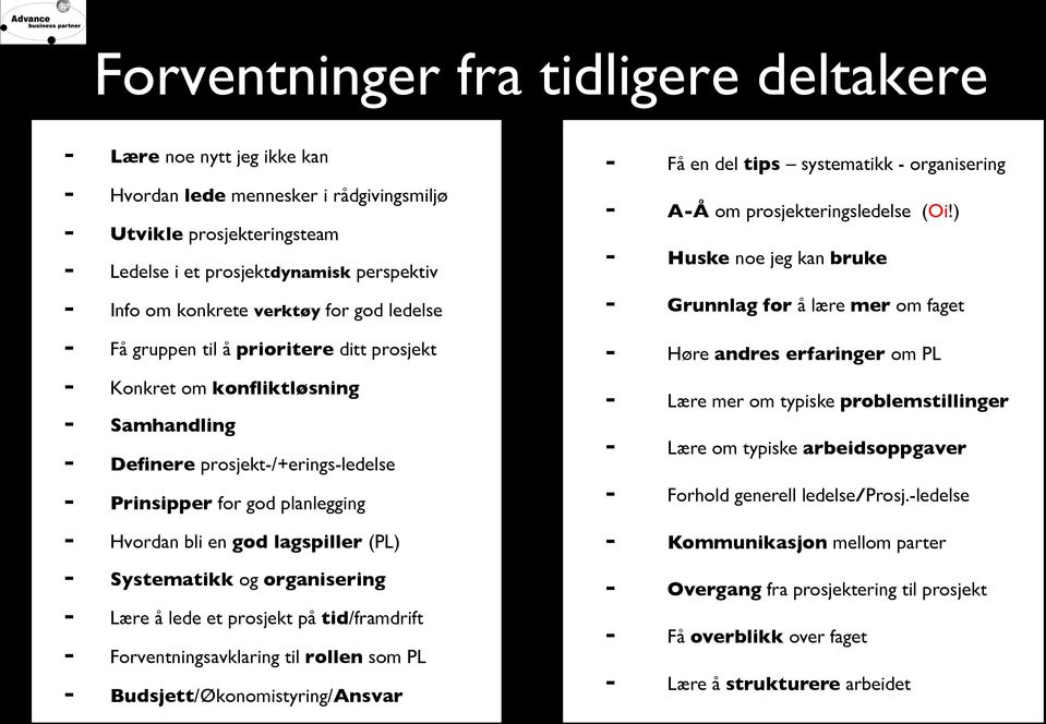 bli en god lagspiller (PL) - Systematikk og organisering - Lære å lede et prosjekt på tid/framdrift - Forventningsavklaring til rollen som PL - Budsjett/Økonomistyring/Ansvar - Få en del tips