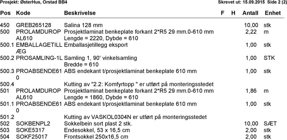 0-610 mm 2,22 m AL610 Lengde = 2220, Dybde = 610 500.1 EMBALLAGETILL Emballasjetillegg eksport 1,00 stk ÆG 500.2 PROSAMLING-1L Samling 1, 90' vinkelsamling 1,00 STK Bredde = 610 500.