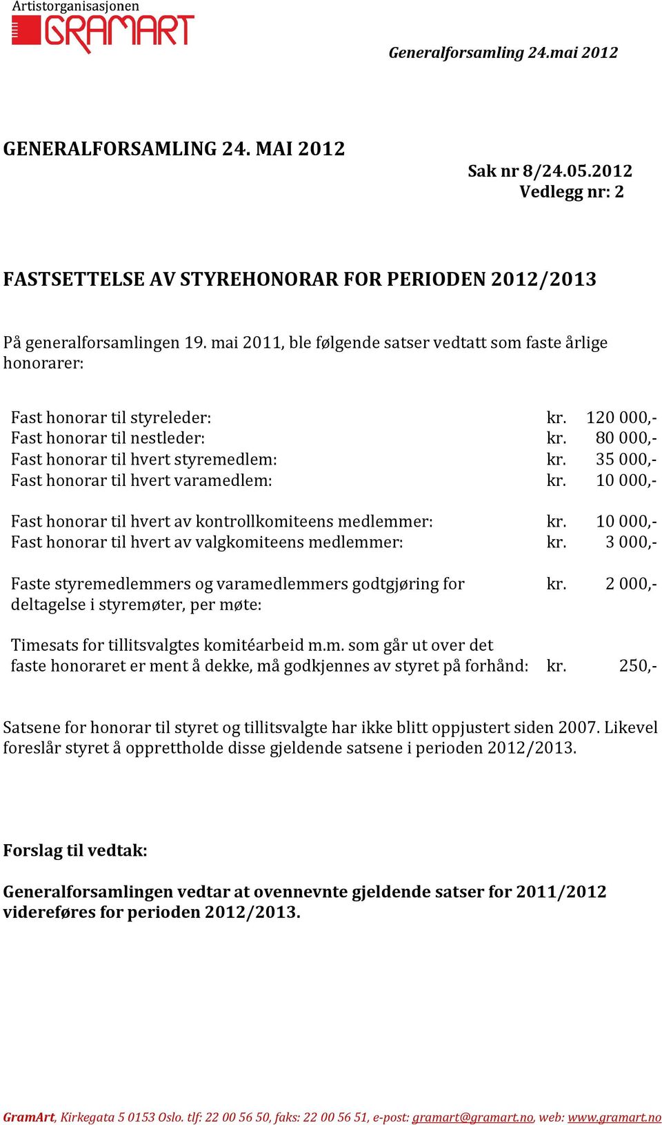 35000,- Fast honorar til hvert varamedlem: kr. 10000,- Fast honorar til hvert av kontrollkomiteens medlemmer: kr. 10 000,- Fast honorar til hvert av valgkomiteens medlemmer: kr.