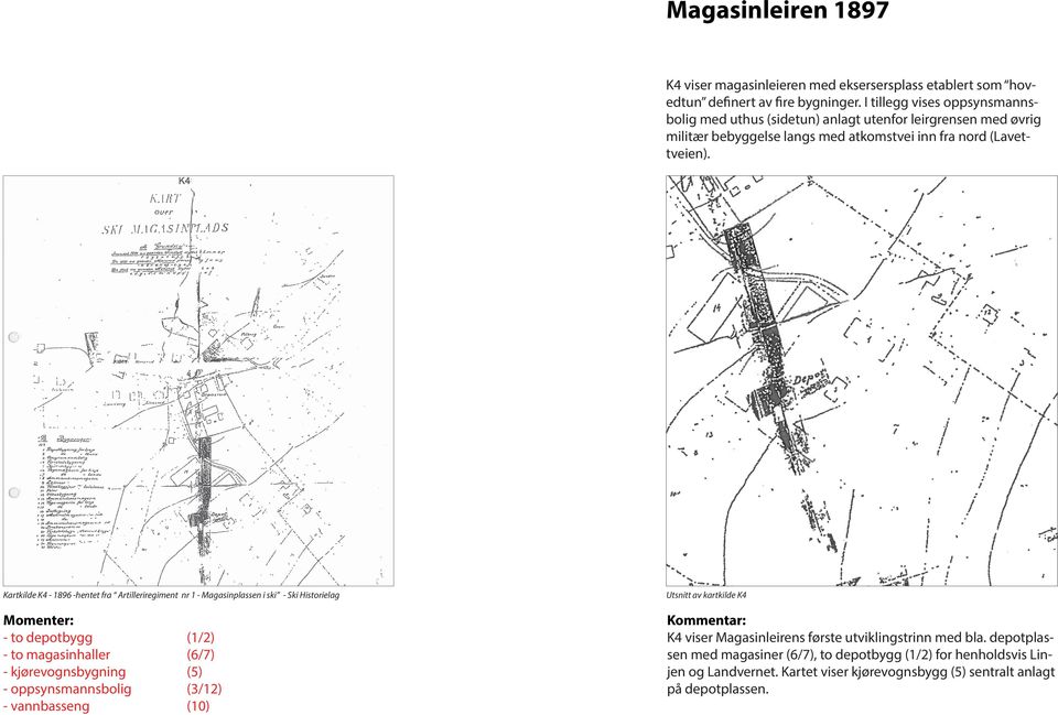 Kartkilde K4-1896 -hentet fra Artilleriregiment nr 1 - Magasinplassen i ski - Ski Historielag Momenter: - to depotbygg (1/2) - to magasinhaller (6/7) - kjørevognsbygning (5) -