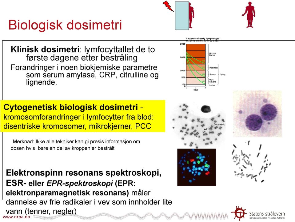 Cytogenetisk biologisk dosimetri - kromosomforandringer i lymfocytter fra blod: disentriske kromosomer, mikrokjerner, PCC Merknad: Ikke alle