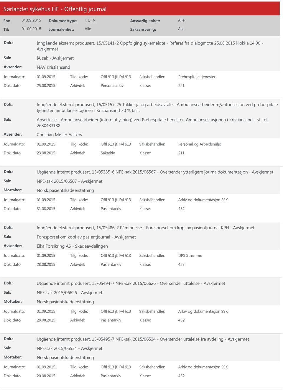 2015 Arkivdel: Personalarkiv Inngående eksternt produsert, 15/05157-25 Takker ja og arbeidsavtale - Ambulansearbeider m/autorisasjon ved prehospitale tjenester, ambulansestajonen i Kristiansand 30 %