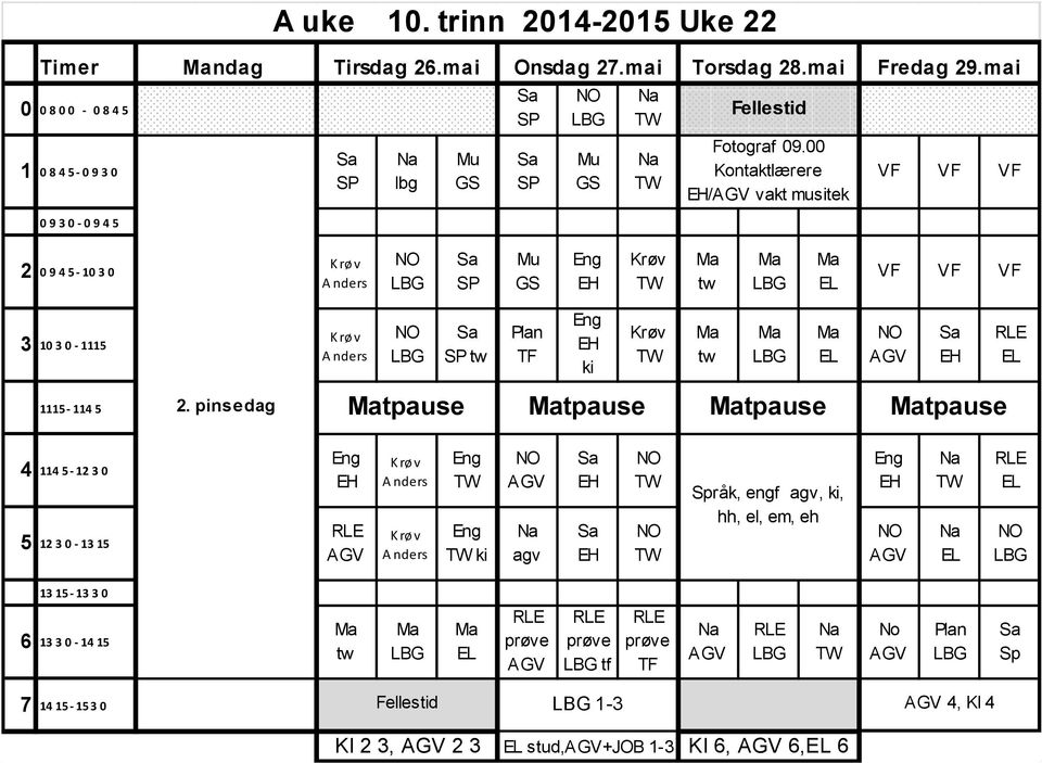 00 Kontaktlærere / vakt musitek VF VF VF 0930-0945 2 0945-1030 Anders VF VF VF 3 10 3 0-1115 Anders Plan TF ki 1115-114 5 2.