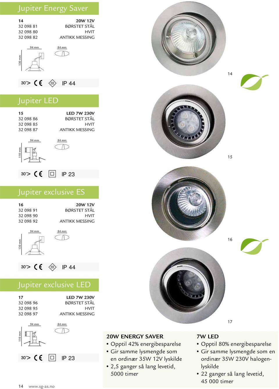 LED 7W 230V 32 098 96 BØRSTET STÅL 32 098 95 HVIT 32 098 97 ANTIKK MESSING 94 mm 84 mm 17 110 mm 14 www.sg-as.