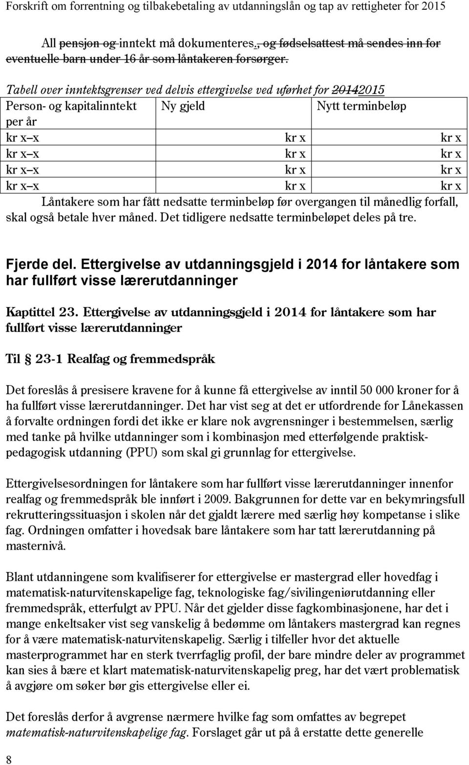 kr x Låntakere som har fått nedsatte terminbeløp før overgangen til månedlig forfall, skal også betale hver måned. Det tidligere nedsatte terminbeløpet deles på tre. Fjerde del.