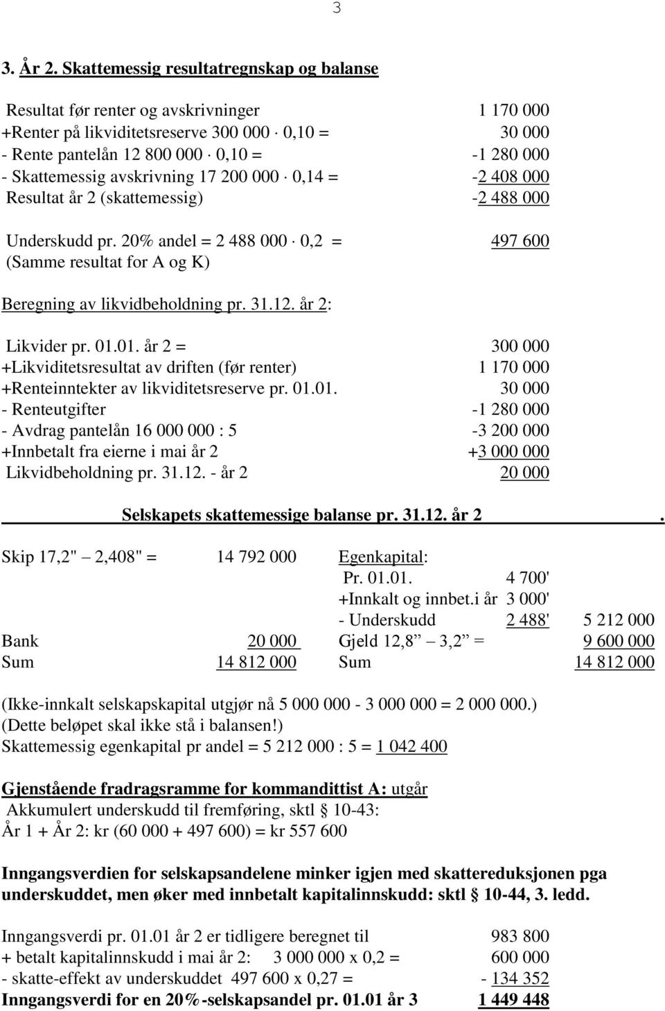 Skattemessig avskrivning 17 200 000 0,14 = -2 408 000 Resultat år 2 (skattemessig) -2 488 000 Underskudd pr.