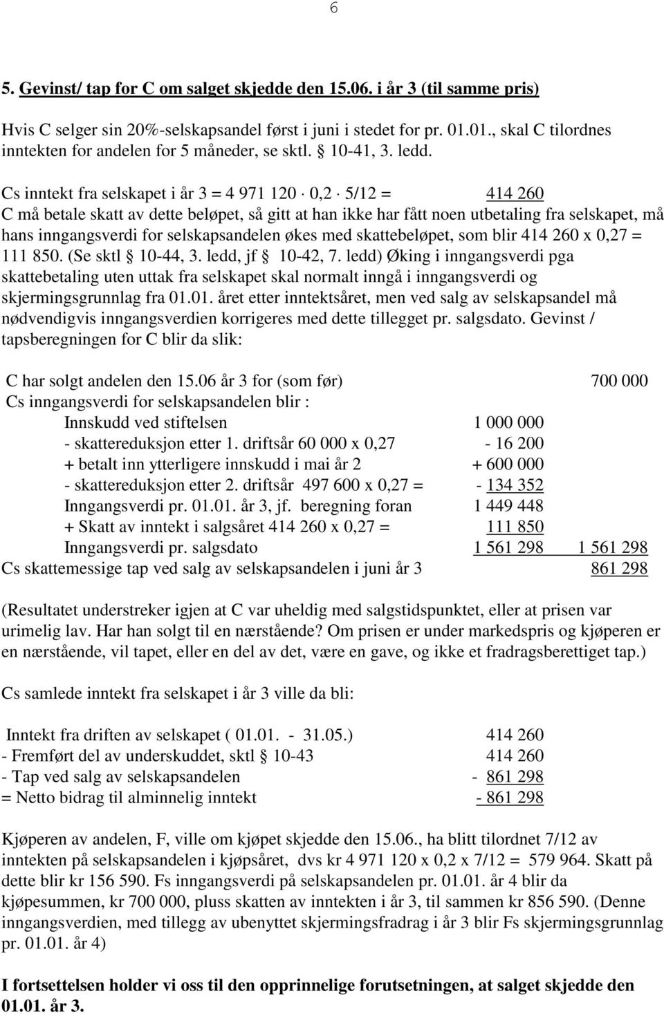 Cs inntekt fra selskapet i år 3 = 4 971 120 0,2 5/12 = 414 260 C må betale skatt av dette beløpet, så gitt at han ikke har fått noen utbetaling fra selskapet, må hans inngangsverdi for